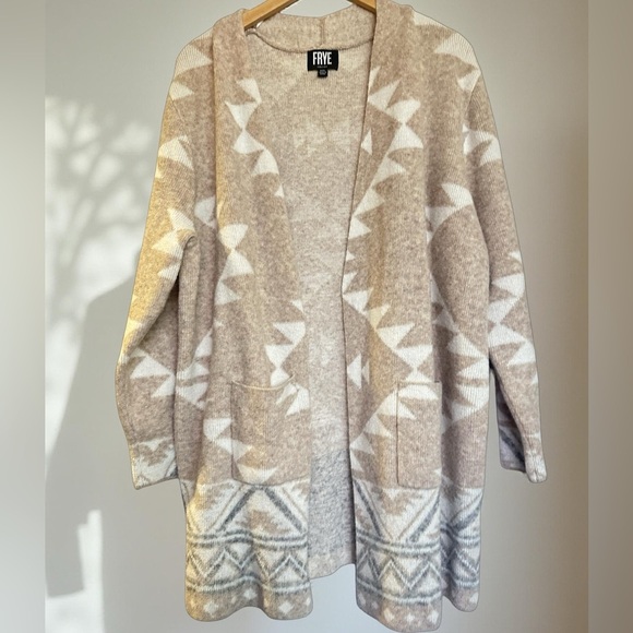 Frye Tan and White Cardigan Sweater with Geometric Design - Picture 2 of 8